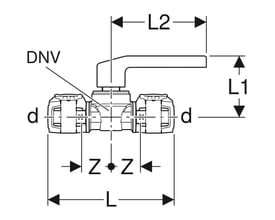 Teknisk tegning af Geberit FLOWFIT kugleventil 50mm med dimensioner L1, L2, d, Z og angivelse af DN V.