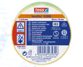 Tesa Isoleringstape 53988 i grøn/gul, 19 mm x 20 meter, med elektriske symboler og certificeringer, vist på en hvid baggrund.