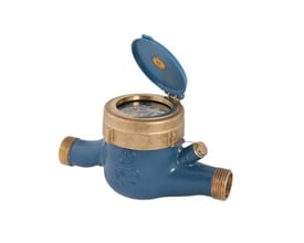 Werner Schutz QN 6 husvandmåler til koldt vand, 1.1/4" x 1.1/2" med blå hus og messingender, vist med åbent blåt dæksel.