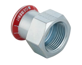 Geberit Mapress el-forsinket overgang på 22 mm x 1 tomme med sekskantet muffe og rød presseindikator.