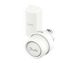 Danfoss Aveo institutions-følerelement med fjernføler, hvid, med indstillingsskala fra 7-26°C og et Danfoss logo.