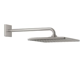 Grohe Rainshower Mono hovedbruser 310x310mm i børstet stål med 422mm brusearm, monteret på væg. Visuelt tiltalende design.