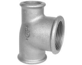 Georg Fischer galvaniseret tee fitting af blødstøbt støbejern med 1½" x 1½" x ¾" uens muffegevind og 90° afgrening.