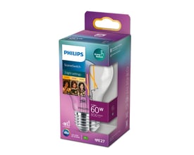 Emballage til Philips SceneSwitch E27 LED pære, med information om 3 lysindstillinger, 7,5W og 806 lumen.