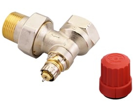 Danfoss RA-N radiatorventil i messing og stål, 1" vinkelløbende, med rød dækhætte ved siden af. Ventilens indre mekanismer er synlige.