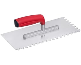 Topline tandspartel i rustfrit stål med ergonomisk rødt soft-grib håndtag, 28 x 13 cm med 4 mm fortanding.