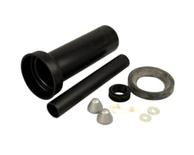 Geberit forlænget ferulesæt med skyllerør, ferole, manchet, 2 dækkapper og fastgørelsesmaterialer lagt ud.