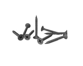 Seks sorte fosfaterede SPIT P-SCREW S gipsskruer med PH 2 kærv, 3,5x25 mm, ligger spredt på hvid baggrund.