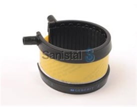 Geberit fixpunkt svejsebånd til 125 mm PEH afløbsrør med gul tape monteret, placeret på en hvid baggrund.