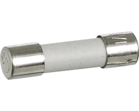 Mersen finsikring på 125 mA med hvit sylindrisk kropp og metallender, 5 x 20 mm, flink og 250 V.