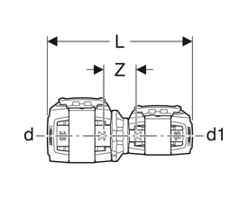 Teknisk tegning af Geberit FlowFit reduktion med dimensioner d=50mm og d1=40mm, fremstillet af sort PPSU.