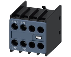 Siemens hjælpeblok front 3RH2911-1HA02 med 2 NC kontakter og skrueterminaler på sort baggrund.