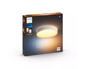 Pakken til Philips Hue Enrave stor loftlampe med White ambiance, i hvid, viser lampen og dens smarte funktioner.