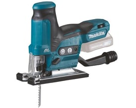 Makita stiksav JV102DZ i turkis og sort med gummibelagt greb og synlig batteri på hvid baggrund.