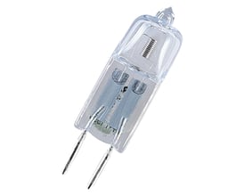 Nærbillede af Osram Halostar ovnpære med G4 sokkel, 10W, 12V, klar glaskolbe og to metalstifter til montering.