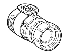 Tegning af Geberit FlowFit overgang i blyfri siliciumbronze, med 25mm muffe og 1/2'' gevind.