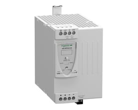 Detaljeret billede af Schneider Electric ABL8RPS24100 strømforsyning, viser mærkat med specifikationer og justeringsmuligheder.