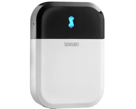 Sensibo Sky WiFi-controller i hvid og sort, med et lysende blåt logo, der viser smart styring til varmepumper.