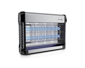 V-TAC insektlampe med to lysstofrør og et beskyttende metalgitter, frontvisning på hvid baggrund.