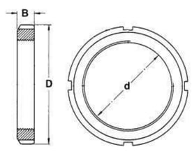 SKF låsemøtrik KM 21 vist som en teknisk tegning med dimensionerne D og B samt indvendig diameter d angivet.