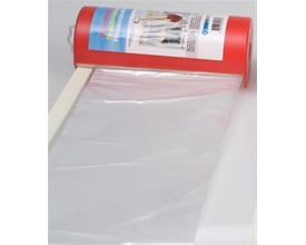 Stokvis afdækningspapir med tape, 18 cm x 20 m, vist udrullet fra en rød dispenser med tape.