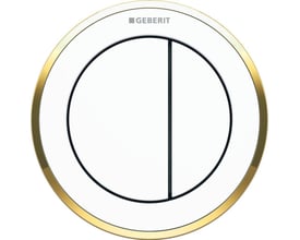 Geberit Omega10 skyllebetjeningsplade i hvid med guldkant, pneumatisk til dobbeltskyl og indbygget betjening.