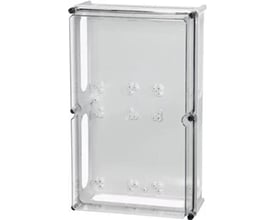 Transparent Fibox kassebund 600x300x130mm med 3 flangeåbninger og monteringspunkter på indersiden.