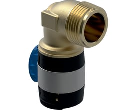 Geberit FlowFit bøjning 90° i blyfri rødgods med en 16mm tilslutning og et 3/4" udvendigt gevind samt et blåt håndtag.