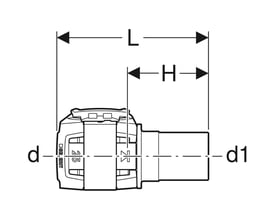 Teknisk tegning af Geberit FlowFit overgang med dimensioner markeret: d, d1, L og H.