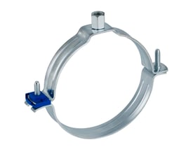 Geberit 90 mm rørbærer i metal med M8/M10 gevind og blå klemme, der holder et rør på en hvid baggrund.