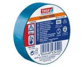 Tesa Isoleringstape tesaflex 53988 i blå PVC, 15 mm x 10 meter, fremhæver mærkning med elektrisk advarselssymbol og flamme.
