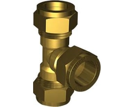 VSH kompressions tee, messing, 18 x 12 x 18 mm, 90 graders afgrening til vand, varme og gasinstallationer.