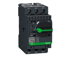 Schneider Electric GV2P motorværn til 0,10-0,16A, med drejegreb for ON/OFF og TRIP funktion på hvid baggrund.