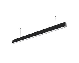 Svart, slankt V-TAC LED-takarmatur på 120 cm, vist nedhengt i wirer med hvit lysflate.