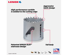 Detaljeret visning af en Lenox Carbide Tipped hulsav med markeringer for karbidtænder, SPEED SLOT® design og USA-fremstilling.