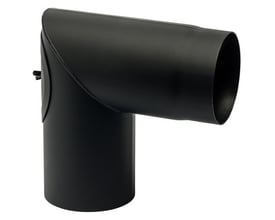 MetalbestoS Knærør 90° med klap i sort metal, Ø200 mm, viser en T-formet forbindelse til skorstensrør.