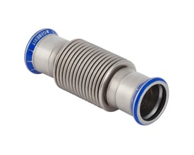 Geberit Mapress rustfri aksialkompensator på 28 mm med presmuffer, syrefast rustfrit stål, isoleret med blå ring.