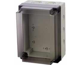 Fibox MNX monteringskasse i lys grå med transparent dæksel, mål 180 x 130 x 125 mm.