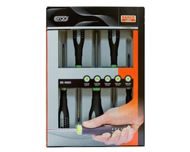 Bahco skruetrækkersæt BE-9885 med 5 Torx skruetrækkere, vist i pakken med et fokus på de ergonomiske skafter og farvekoder.