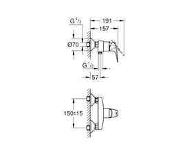 Teknisk tegning af Grohe START Flow etgrebsbatteri, der viser dimensioner for vægmontering og G 1/2 tilslutninger.