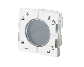 Carlo Gavazzi SHA4XTEMDIS romtermostat i hvitt med rundt temperaturdisplay og symboler på de fire betjeningsfeltene.