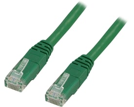 Deltaco U/UTP Cat6 patchkabel i grøn farve, 10 meter langt med støbte RJ45-stik med Deltaco logo. Kablerne er placeret diagonalt på hvid baggrund.