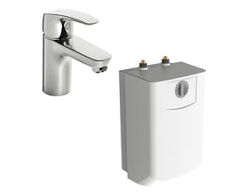 Oras Safira krom håndvaskarmatur og vandvarmer vist sammen på en hvid baggrund, ideel til fritidshuse.