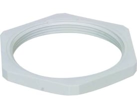 Møtrik til forskruning, PG16 gevind, lavet af lysegråt polystyrol med en nøglestørrelse på 30 mm.