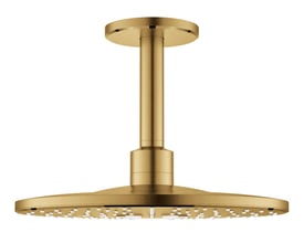 Grohe Rainshower SmartActive hovedbruser i børstet messing, Ø310mm, med loftmonteringsarm og to stråletyper.