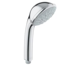 Grohe Relexa Five håndbruser i krom med blank overflade og 90 mm diameter, vist med fem stråletyper.