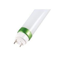 LEDlife T8-ULTRA LED-lysrør på 1200 mm og 18 W med 2700 K lysfarge, hvitt rør og grønn sokkel.