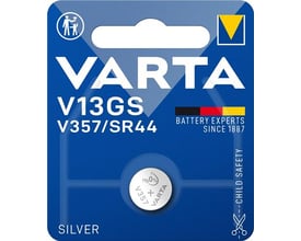 Varta V13GS/V357/SR44 sølv knapcelle batteri i blisterpakning med 1,55V og 180mAh kapacitet.
