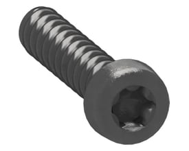 Lauritz Knudsen FUGA fastgørelsesskrue med spids ende og Torx 10 kærv, 15 mm lang, fremstillet i sort metal.