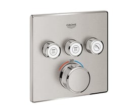 Grohe Grohtherm SmartControl termostatbatteri i børstet stål med 3 trykknapper og et drejehjul til temperaturstyring.